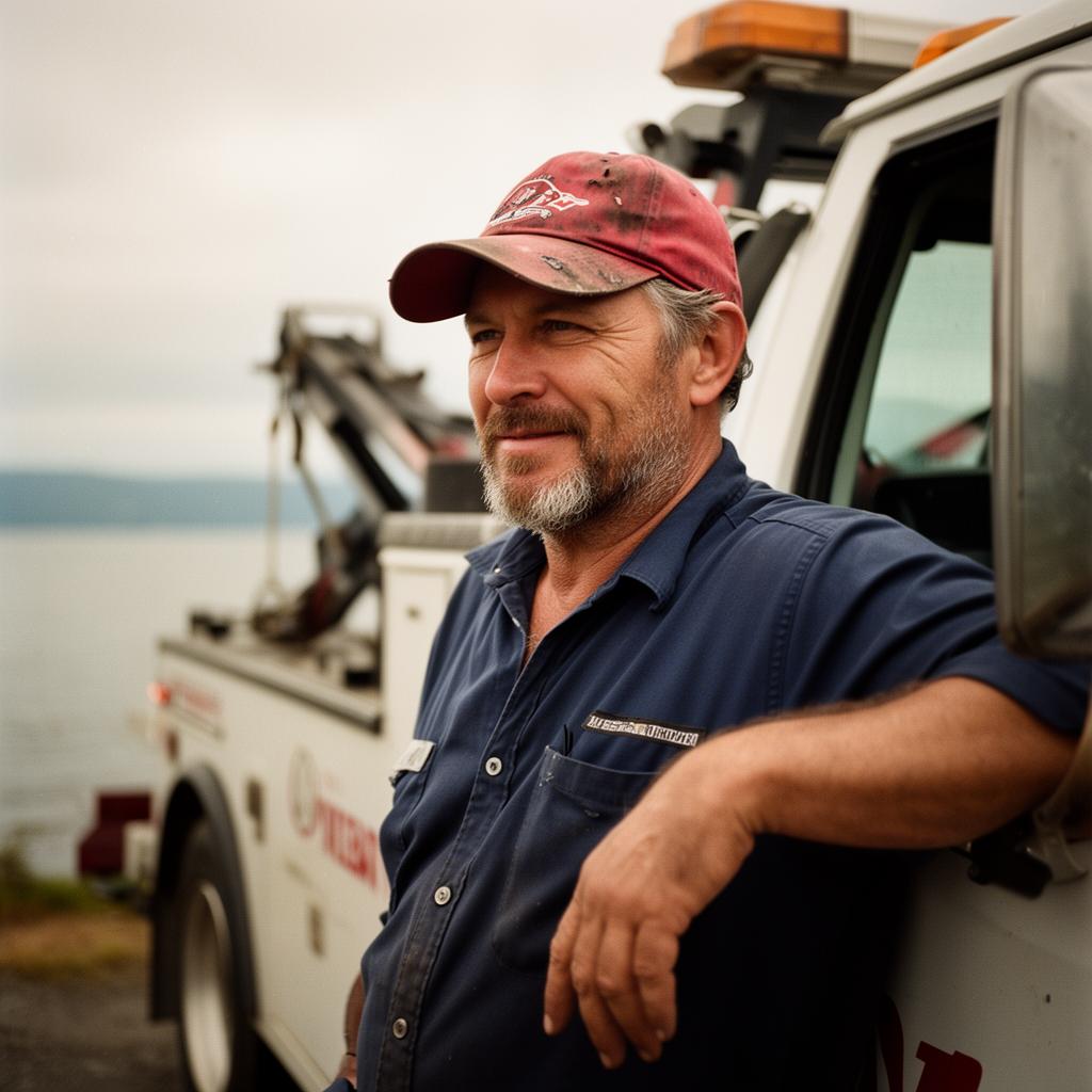 A Duluth Towing driver leaning against his wrecker by Lake Superior