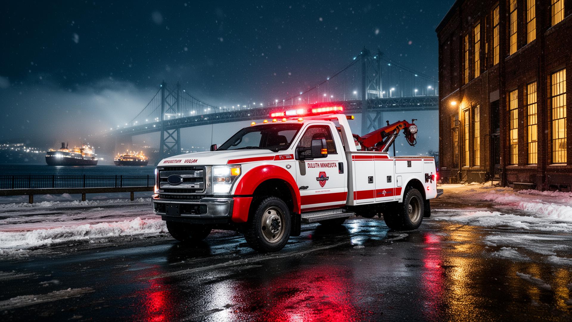 Yellow Duluth Towing Co. tow truck on a snowy night near the Aerial Lift Bridge