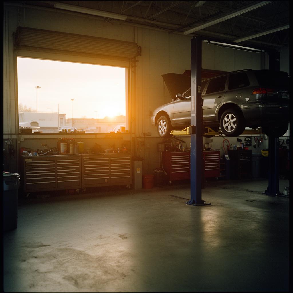 Auto repair shop interior at golden hour