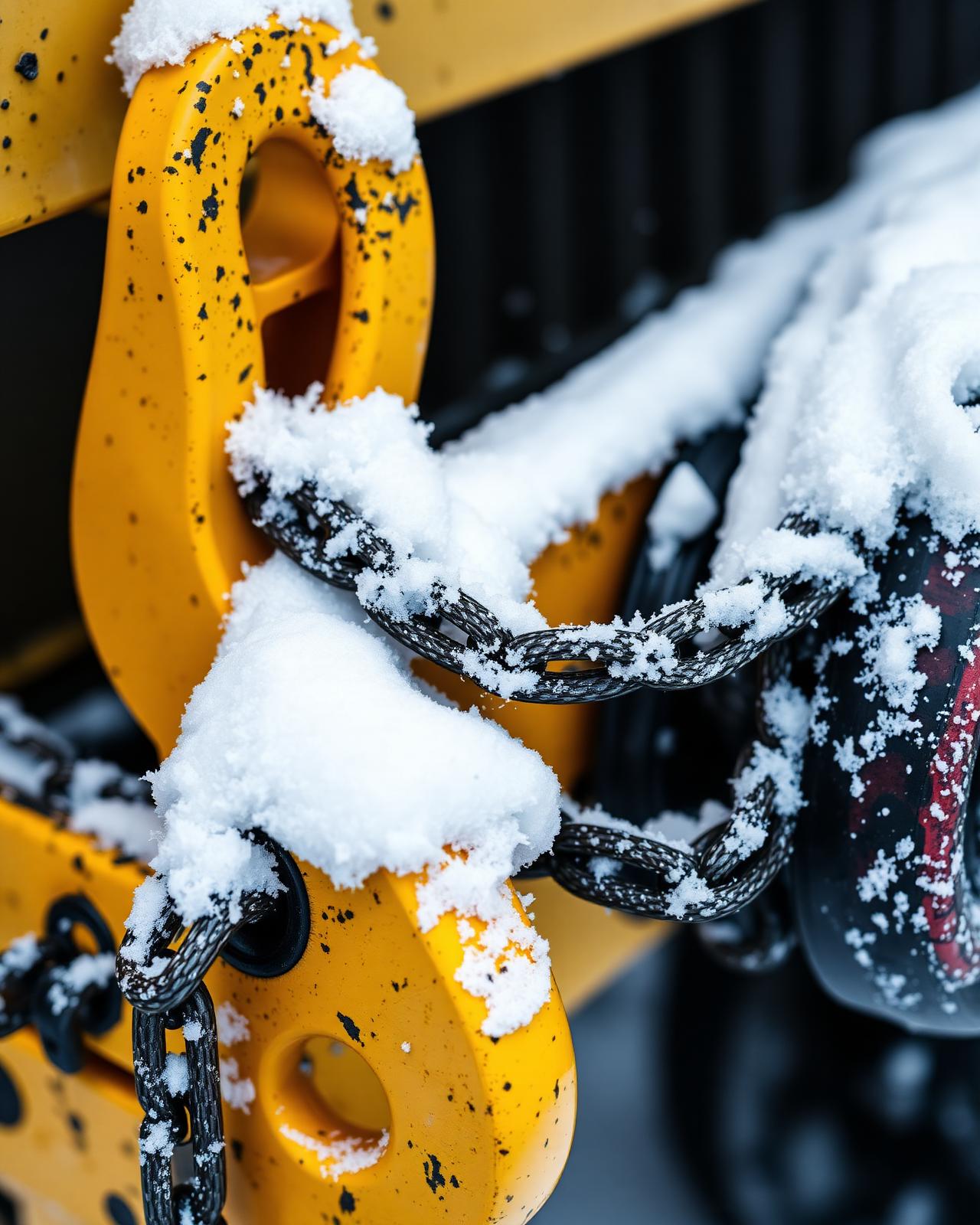 Snow-covered tow hook and chains on a Duluth Towing Co. truck