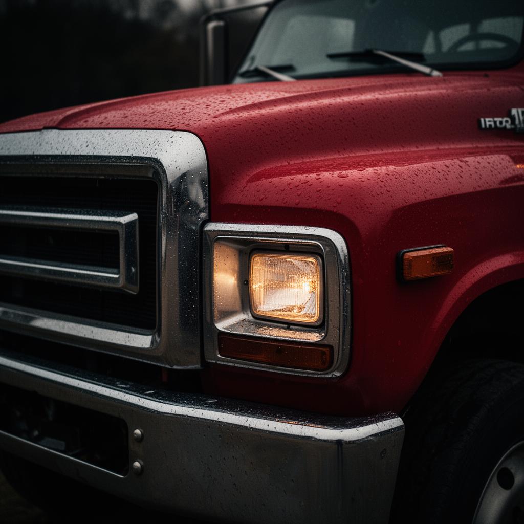 Detail of a red tow truck grille with raindrops