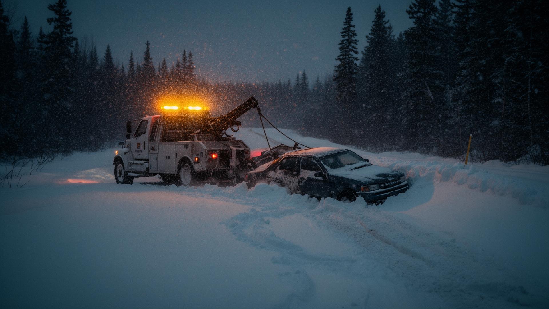Tow truck winching a car out of a deep snowbank on a Northland Minnesota road